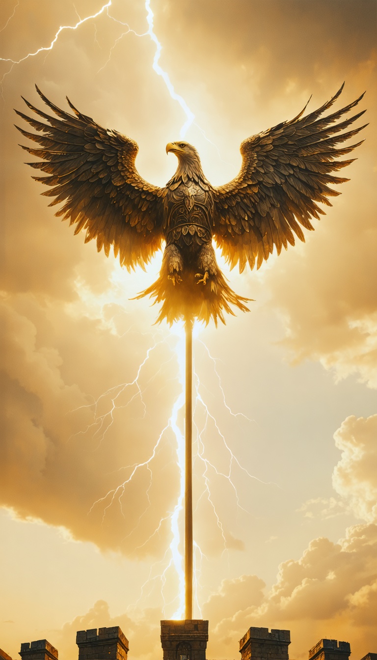 A symbolic representation of Roman power, with the eagle standard held high as the fortifications encircle the Gallic city.