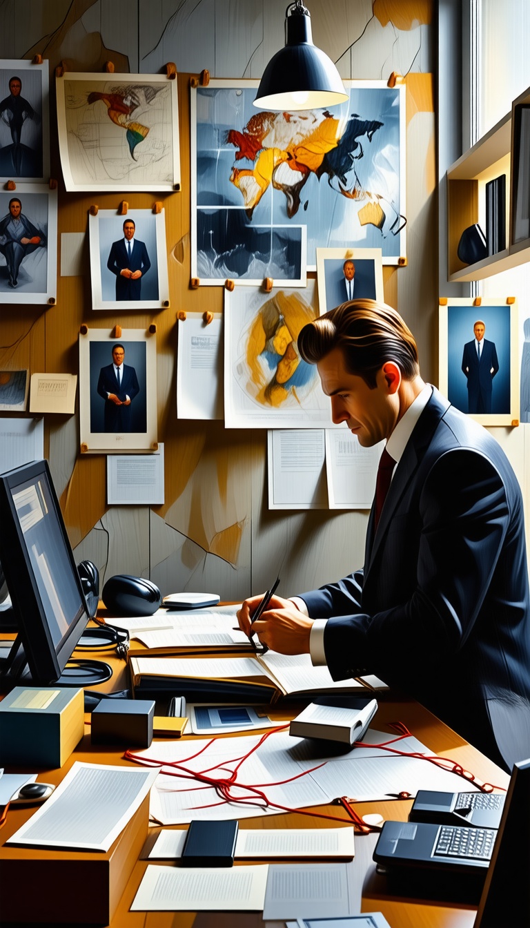 Detectives in cluttered office with maps, photos, red string connecting clues, tense lighting.