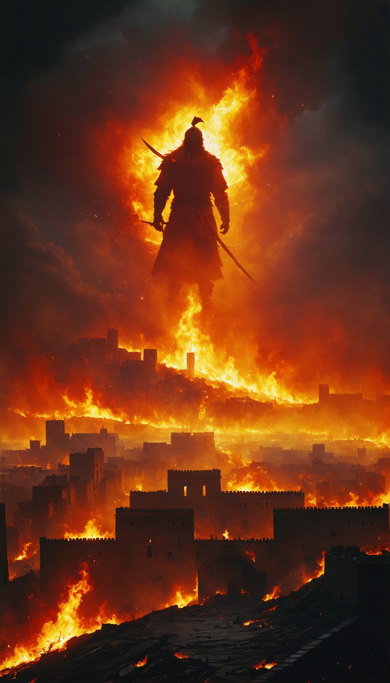 A symbolic depiction of the massacre at Merv, with the shadow of Genghis Khan looming over a city in flames."