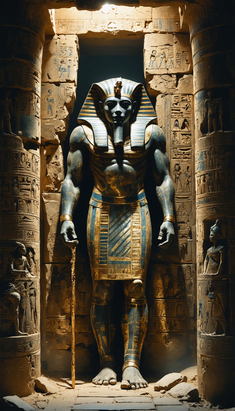 "A pharaoh’s tomb being opened, revealing a preserved mummy, alongside evidence of diseases and health issues found in royal remains."