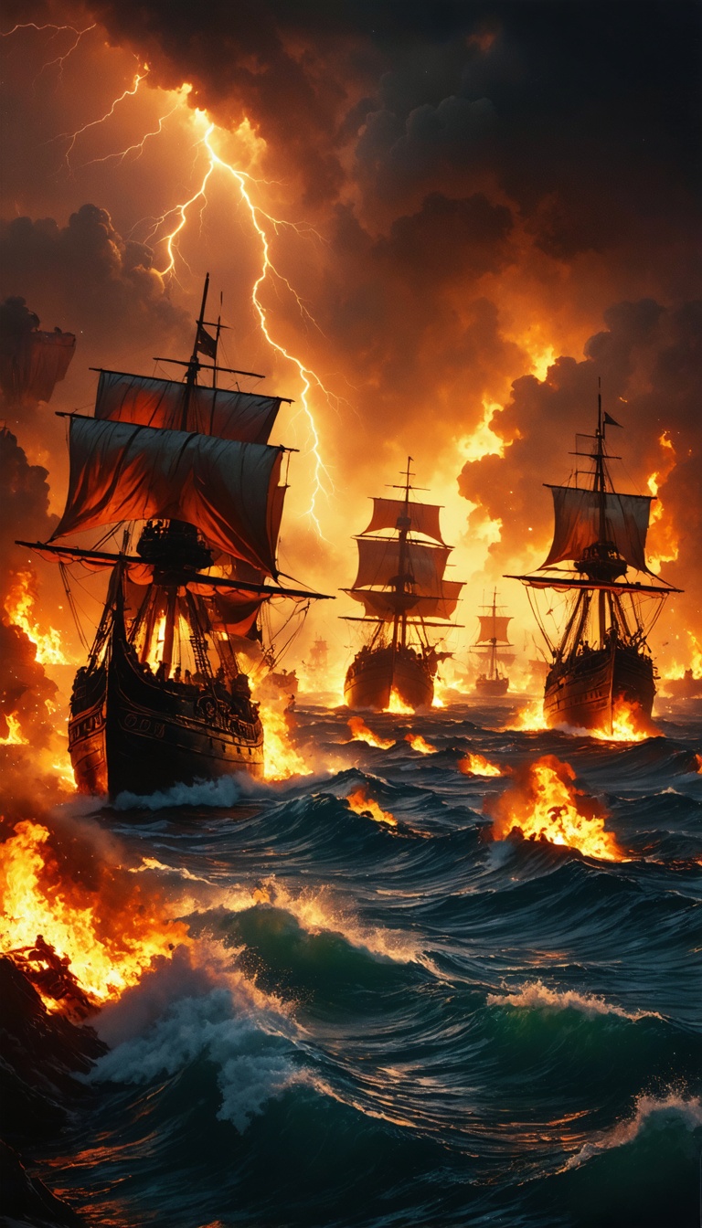 "A dramatic naval battle during the First Punic War, with Roman and Carthaginian ships clashing in rough seas, surrounded by flames and chaos."