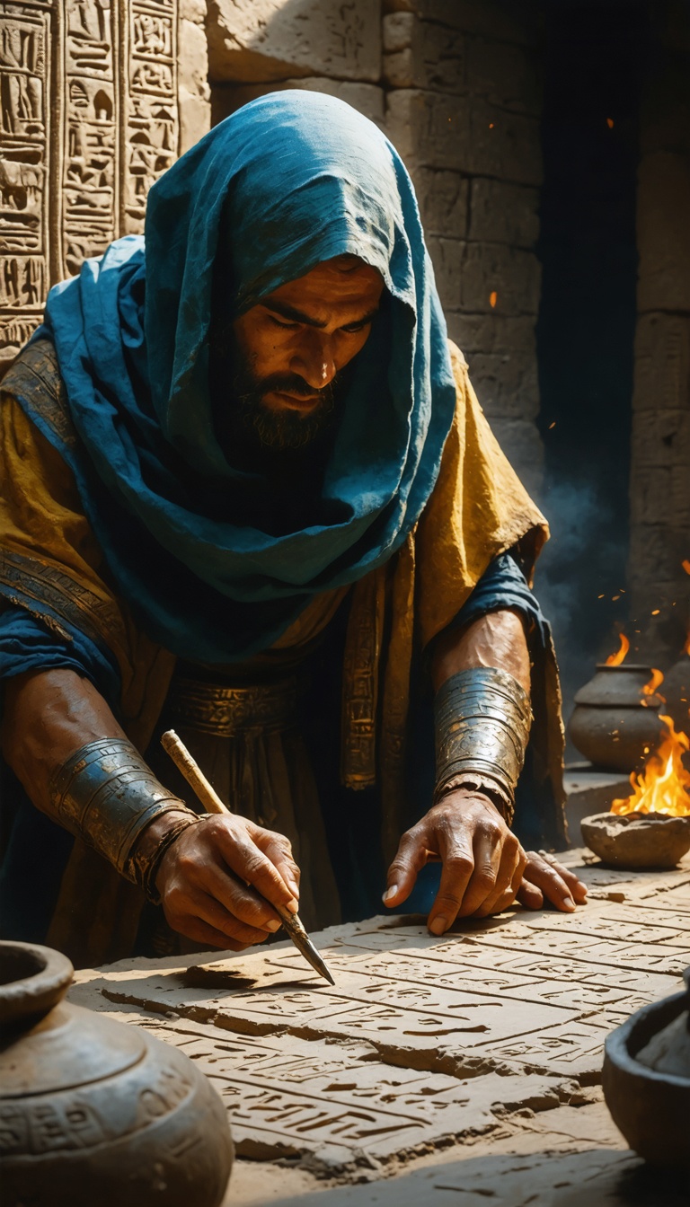 An intricate depiction of ancient Mesopotamian scribes carving cuneiform symbols into clay tablets. The scene is lit by flickering oil lamps, emphasizing the meticulous effort involved in recording their knowledge.