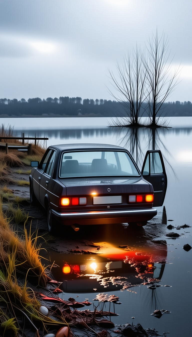 Abandoned car at lakefront, open door, blood drops on ground, flashlight beam, eerie atmosphere.