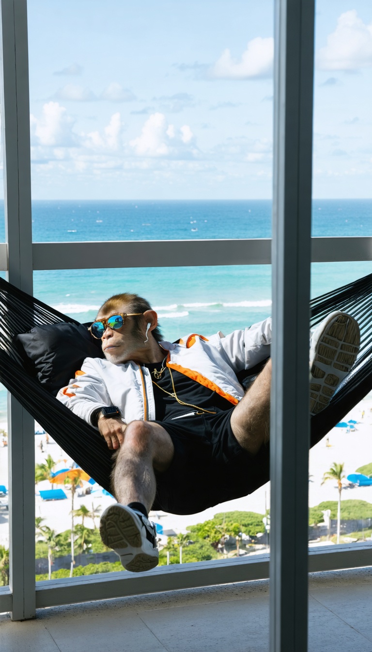 Wide-angle, fashion editorial-style beach shot The monkey lounges on a custom hammock made of black mesh and gold cords, stretched between two modern steel poles on a high-rise balcony overlooking a beach. He wears a designer bomber jacket (white with orange accents), black cargo shorts, high-top sneakers, and reflective mirror shades. Earbuds in, expression calm, he gazes out over the city skyline blending with the sea, exuding a luxury streetwear vibe. His watch flashes subtly in the sunlight — everything about him says cool control.