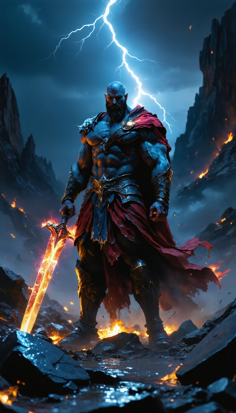 Kratos standing victorious over Zeus, his Blades of Chaos dripping with energy, as the remnants of Mount Olympus crumble.