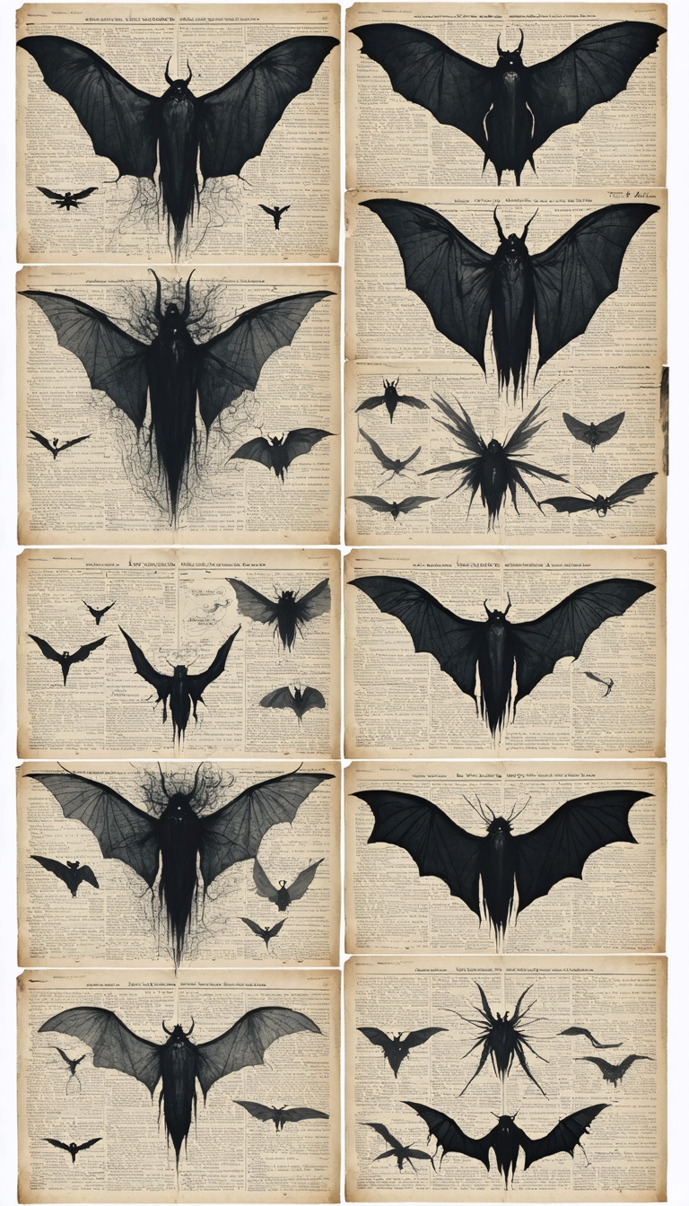 Collage of multiple Mothman sightings: headlines, sketches, eyewitness drawings, cinematic montage.