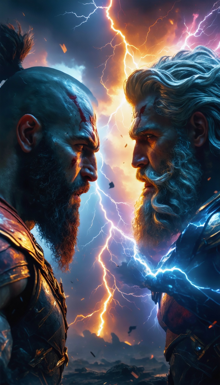 A symbolic representation of Kratos and Zeus facing each other, with lightning bolts and chaos swirling around them, representing their eternal conflict.