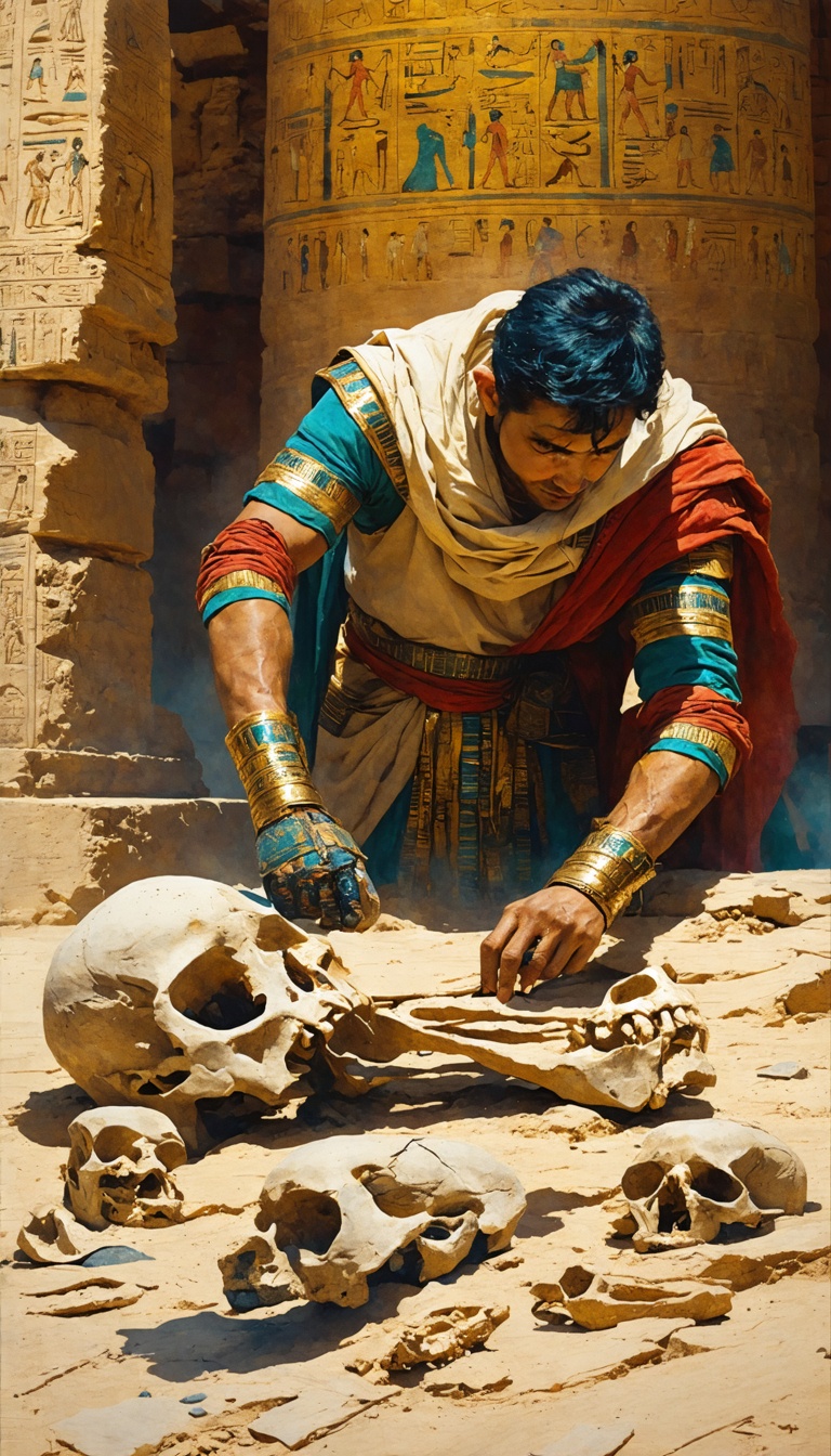 "A modern-day archaeologist examining Egyptian remains, uncovering evidence of parasites, poor dental health, and early medical practices."