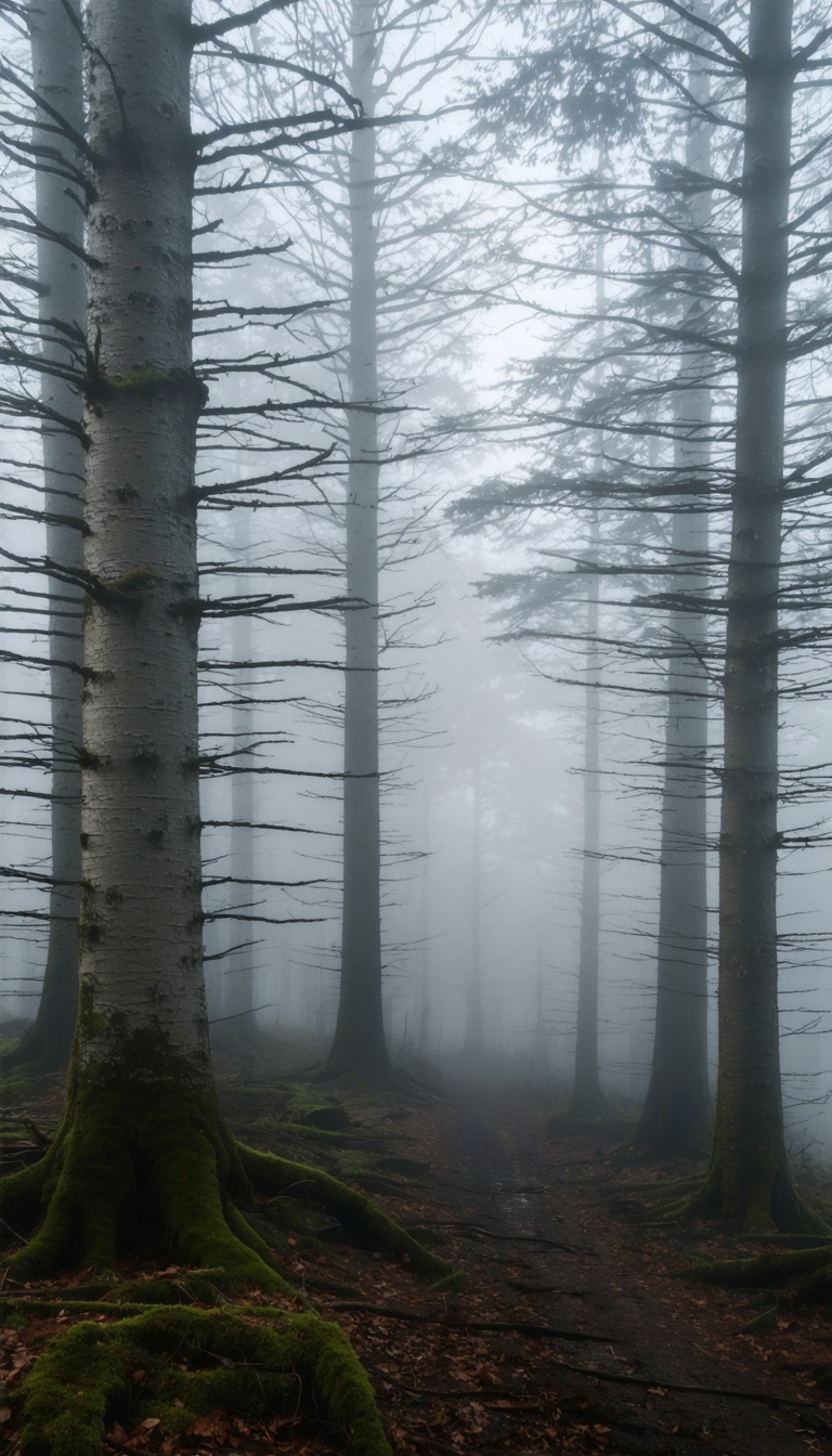 Empty forest with swirling fog, no creature present, eerie silence.