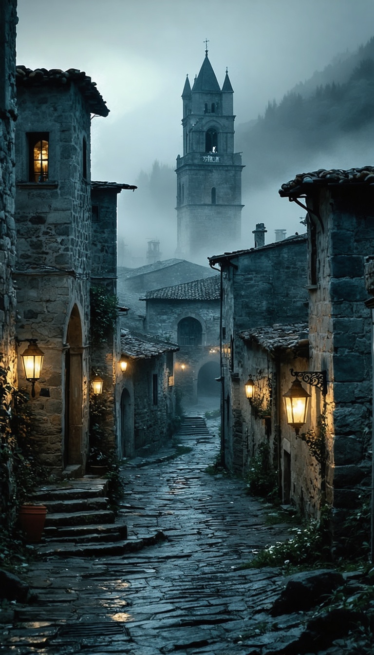 IMAX vertical shot of abandoned medieval Spanish village at dusk, narrow stone streets, dim lanterns flickering, cathedral tower looming in background, heavy fog rolling in, cinematic desaturated palette, slow push-in camera, volumetric mist, ultra-real textures, 9:16.