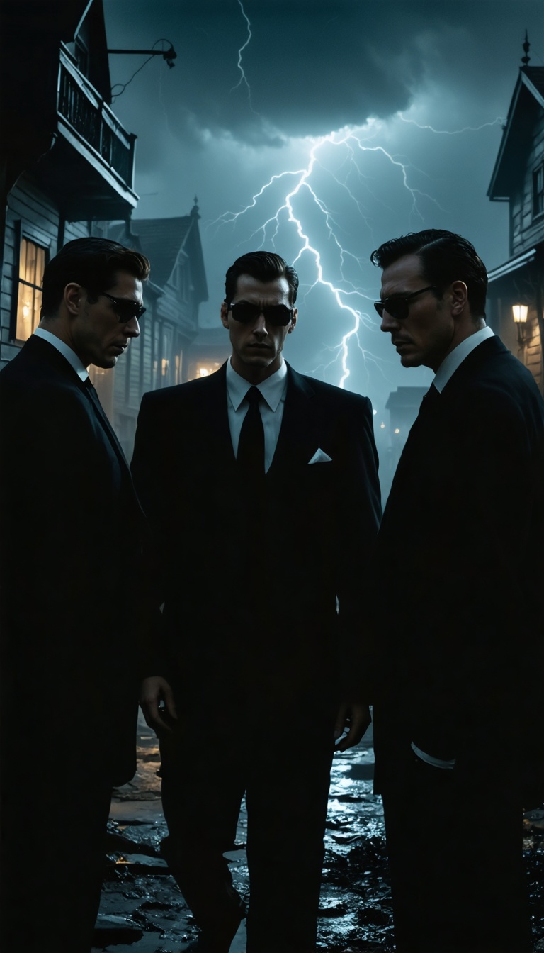 Mysterious men in black suits questioning frightened townspeople, noir-style lighting.