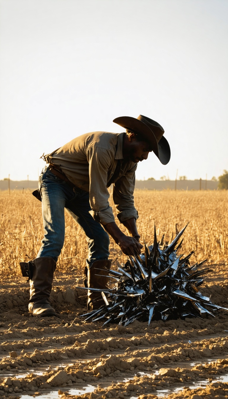 Rancher examining strange metallic debris in dry field, soft sunrise lighting, cinematic.