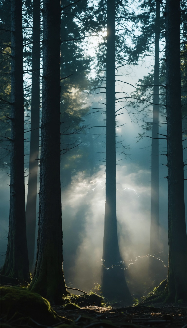 Pan across dense tree silhouettes subtly shifting as if alive, fog pulsing in rhythmic waves, faint human shadows inside bark textures, dramatic tension lighting, IMAX hyper-real forest depth, 9:16 vertical.