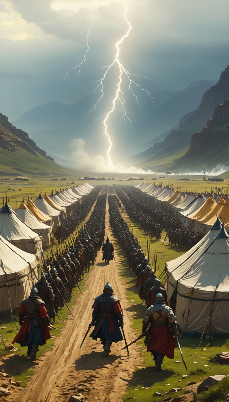 "A distant view of the Mongol camp outside Merv, with rows of tents and soldiers preparing for the final assault."