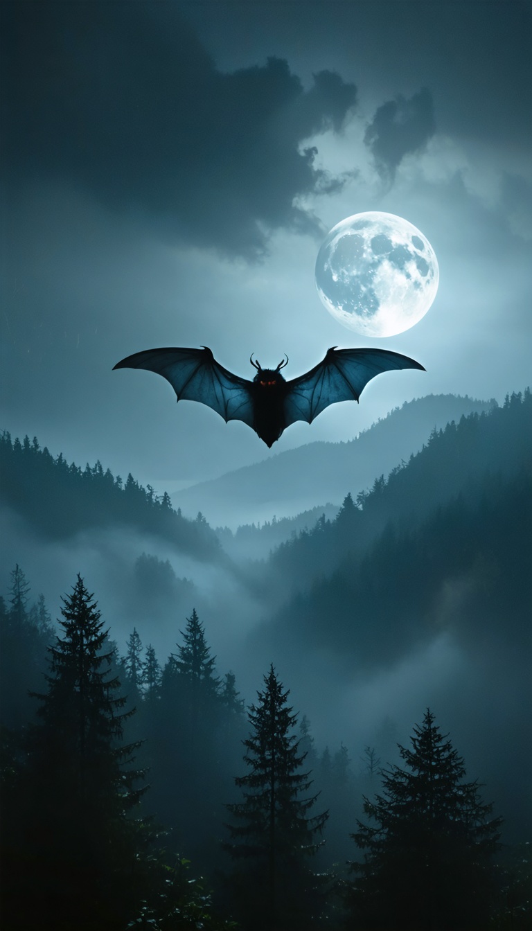 Mothman gliding above treetops at night, moonlight, fog swirling, cinematic.