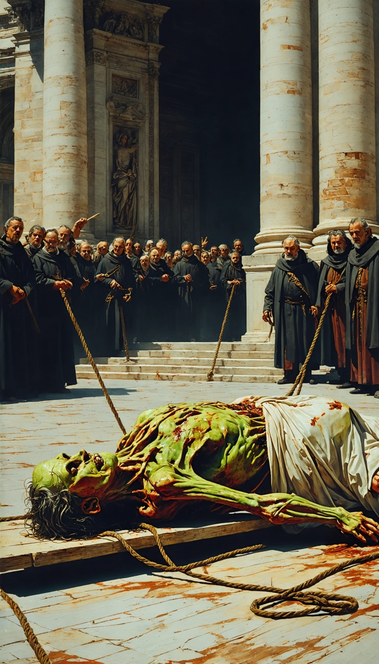 A grotesque depiction of Borgia's corpse. The body is bloated and discolored, lying on a simple plank. Figures in the background use ropes to drag the corpse into the imposing entrance of Saint Peter’s Basilica.
