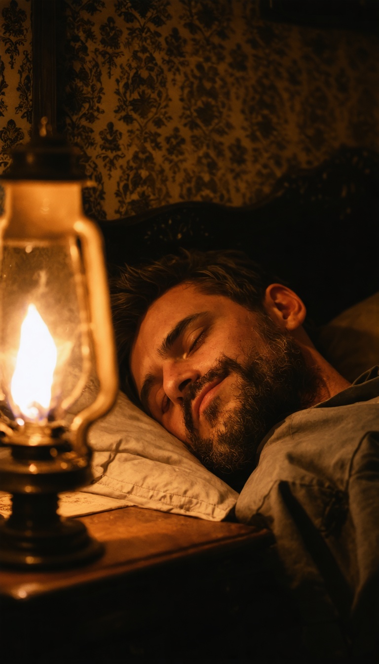 Cinematic close-up of man asleep in dim Victorian bedroom lit by oil lamp, warm flickering light on his face, shadows dancing on wallpaper, macro clarity on eyelids twitching, shallow depth of field, IMAX realism, 9:16 vertical.