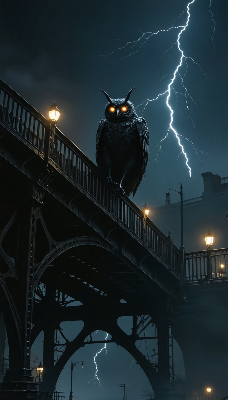 Mothman perched on bridge truss at night, glowing eyes, wind blowing, dark atmosphere.