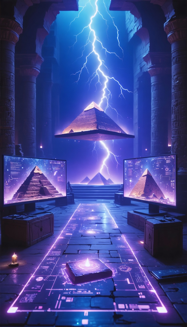 A futuristic vision of AI unraveling the mysteries of ancient civilizations. Digital holograms of pyramids, cuneiform tablets, and brewing instructions float above glowing monitors, symbolizing the fusion of ancient knowledge and modern technology.