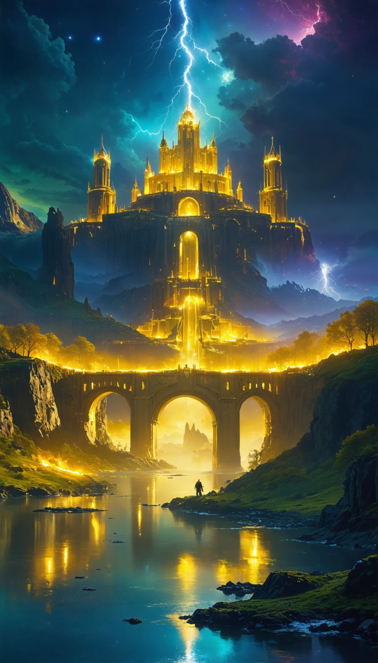 A celestial vision of Asgard, with golden halls, the glowing Bifröst bridge, and a divine presence preparing for battle.