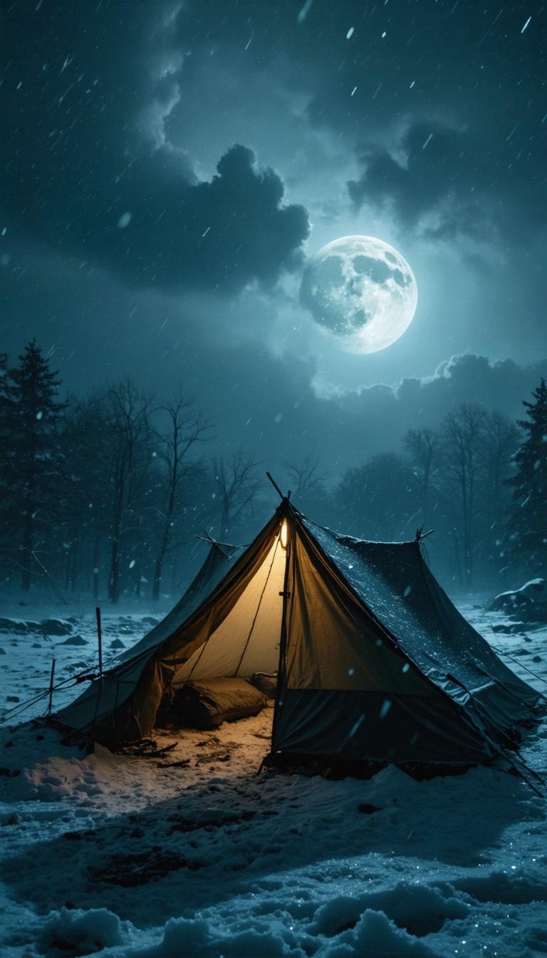 Abandoned tent in snowstorm at night, eerie moonlight, strong winds, hyper-realistic, 8k, cinematic dark atmosphere.