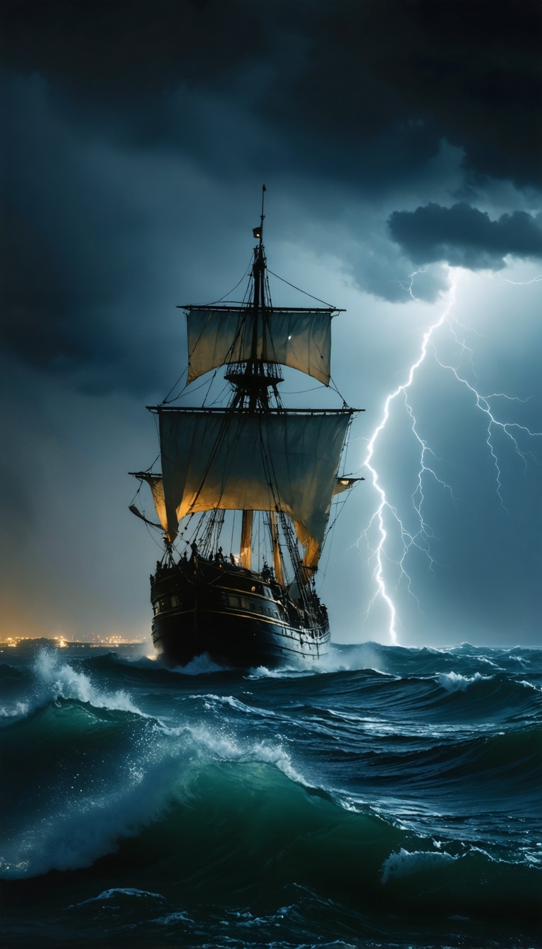 "A Carthaginian merchant ship navigating stormy seas, symbolizing the city’s wealth and maritime power before the wars."