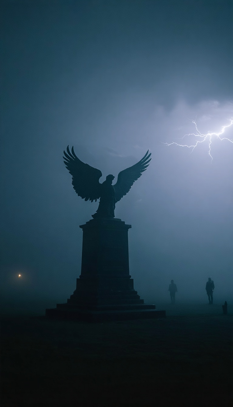 Point Pleasant memorial at night with faint silhouette of wings in fog, cinematic 8k.