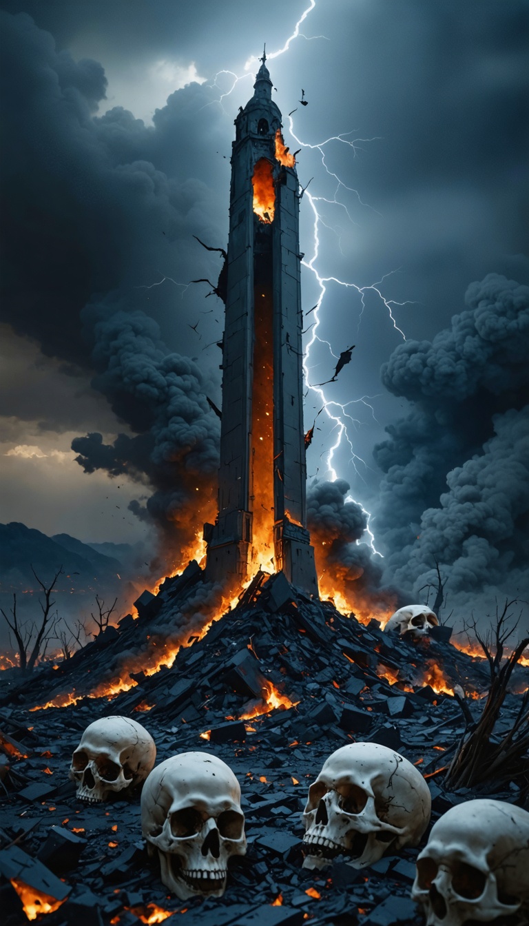 "A symbolic representation of the destruction, with a shattered minaret standing amidst a field of ashes and skulls."