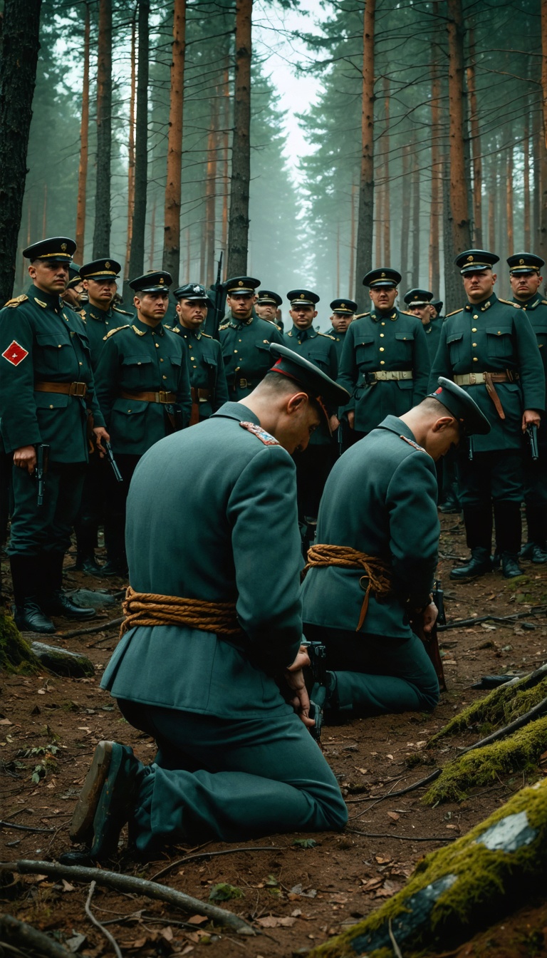 "Polish prisoners kneeling in the forest, their hands tied behind their backs, surrounded by NKVD soldiers holding pistols, the atmosphere cold and somber."