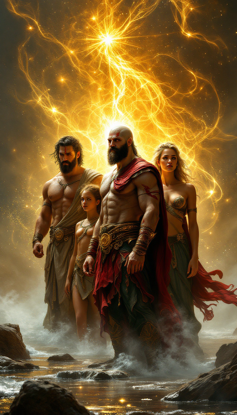 Kratos and his siblings, Nike, Bia, and Zelos, standing on the shores of the Styx River, surrounded by a divine golden aura, with swirling mists and a celestial backdrop.