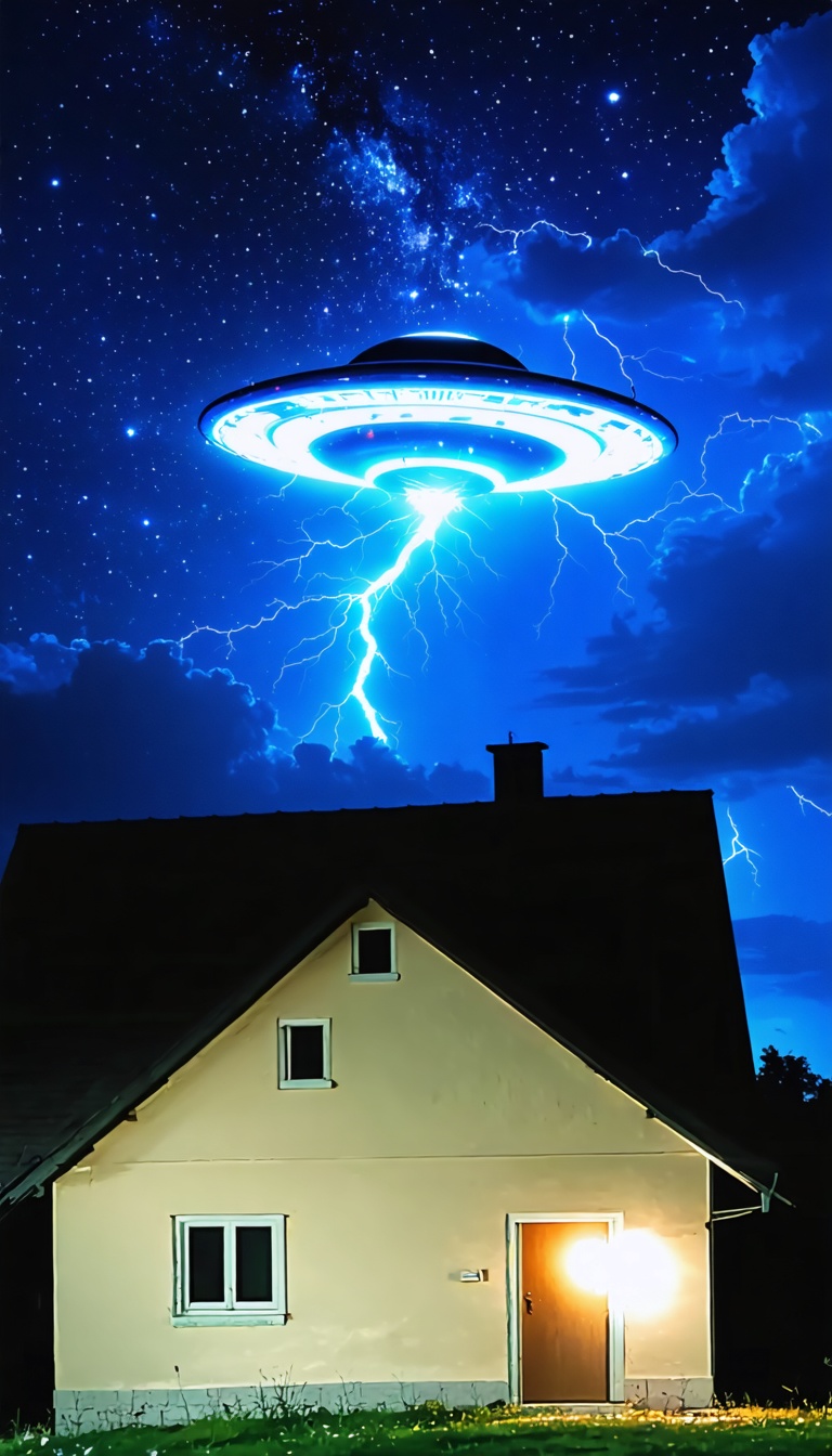 Nighttime sky with bright UFO-like lights, phone ringing in empty house, shadowy silhouettes.