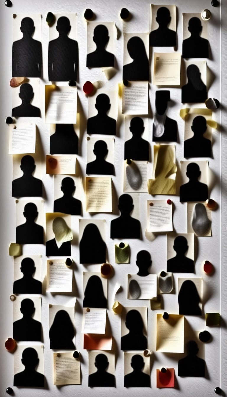 Shadowy corkboard with dozens of suspects, notes, fingerprints, chaos of clues.