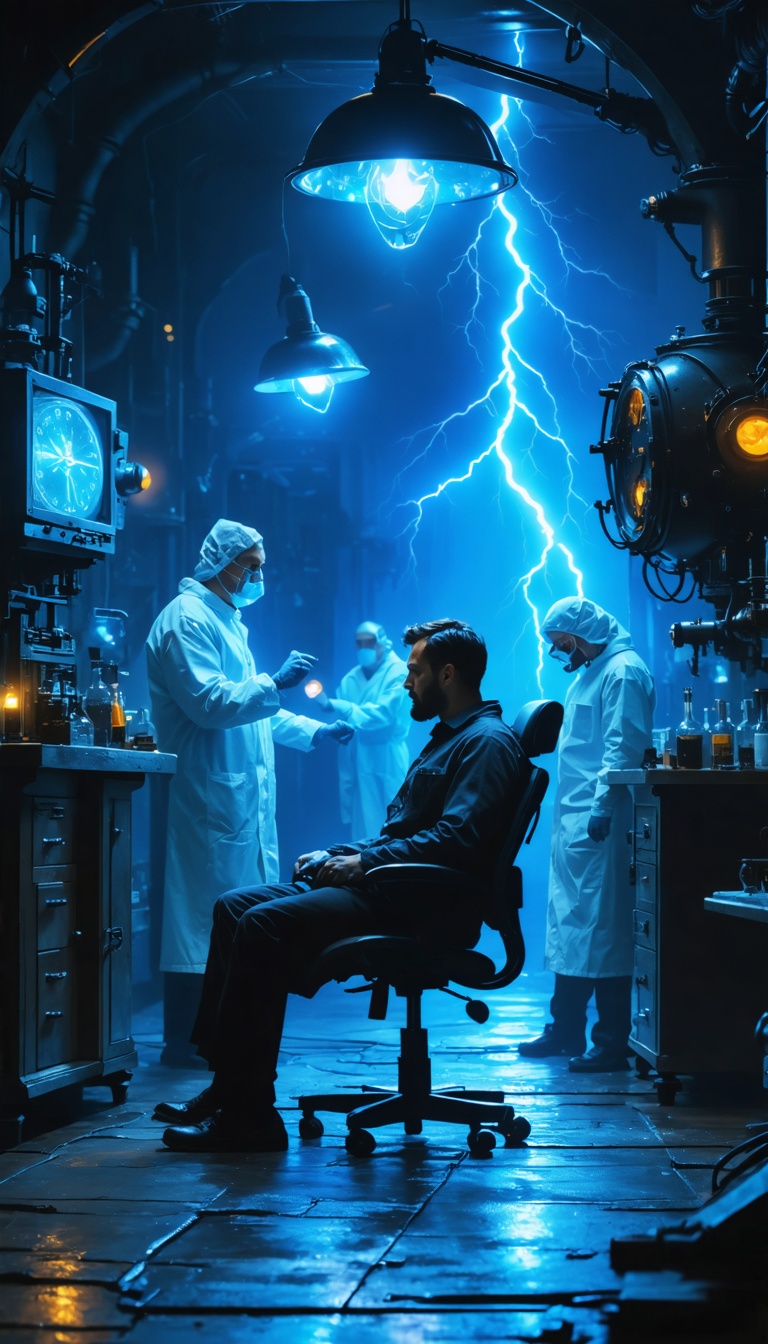 Dark laboratory interior with flickering electric lamps, man strapped to chair fighting sleep, scientists monitoring strange clockwork device, cold-blue lighting, tense framing, deep shadows, IMAX-level atmosphere, 9:16.