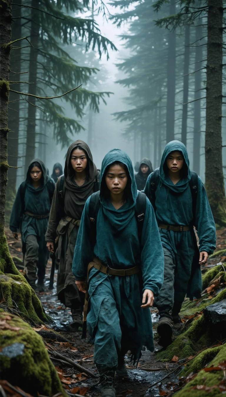 Wide shot of confused travelers emerging from forest with blank expressions, clothing torn, soft diffused gray light, camera slowly orbiting, eerie silence effect, dramatic desaturated palette, IMAX realism, 9:16.