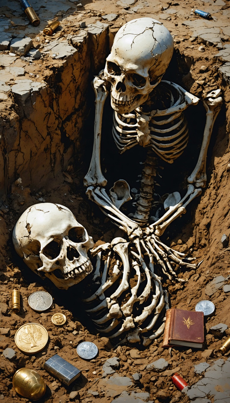 "The discovery of the Katyn graves: investigators unearthing skeletons, skulls showing bullet holes, and personal effects like medals and notebooks."