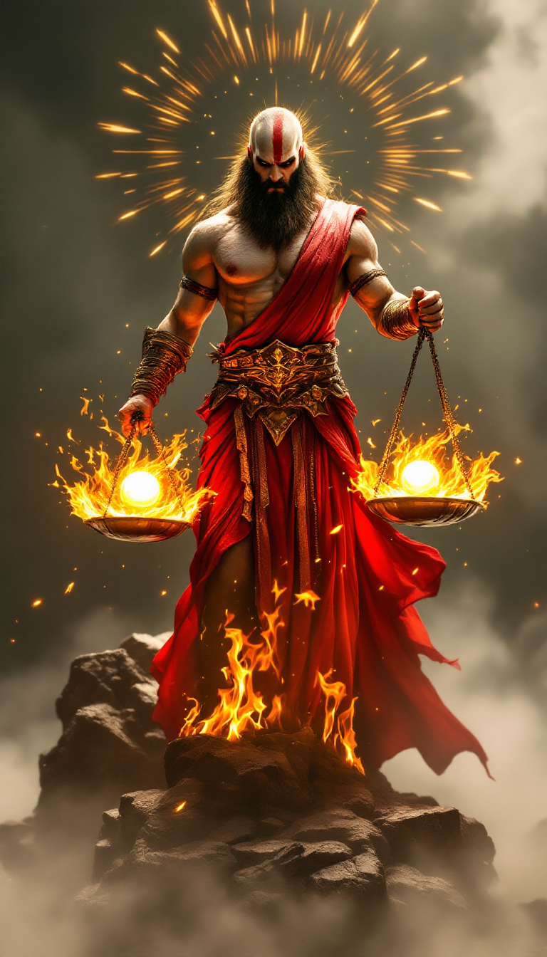 A symbolic depiction of Kratos balancing the scales of justice, surrounded by flames and glowing celestial orbs representing authority and discipline.