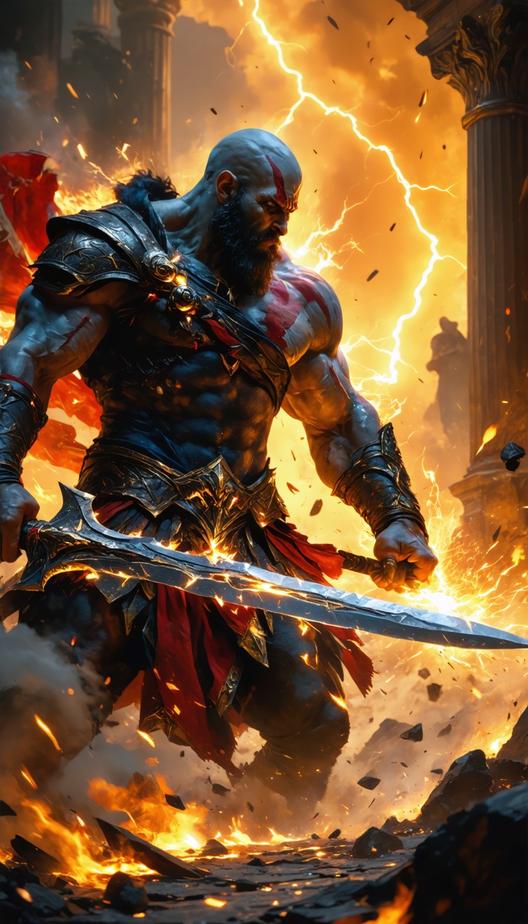 Kratos striking Zeus with his Blades of Chaos, the sparks from their clash lighting up the battlefield.