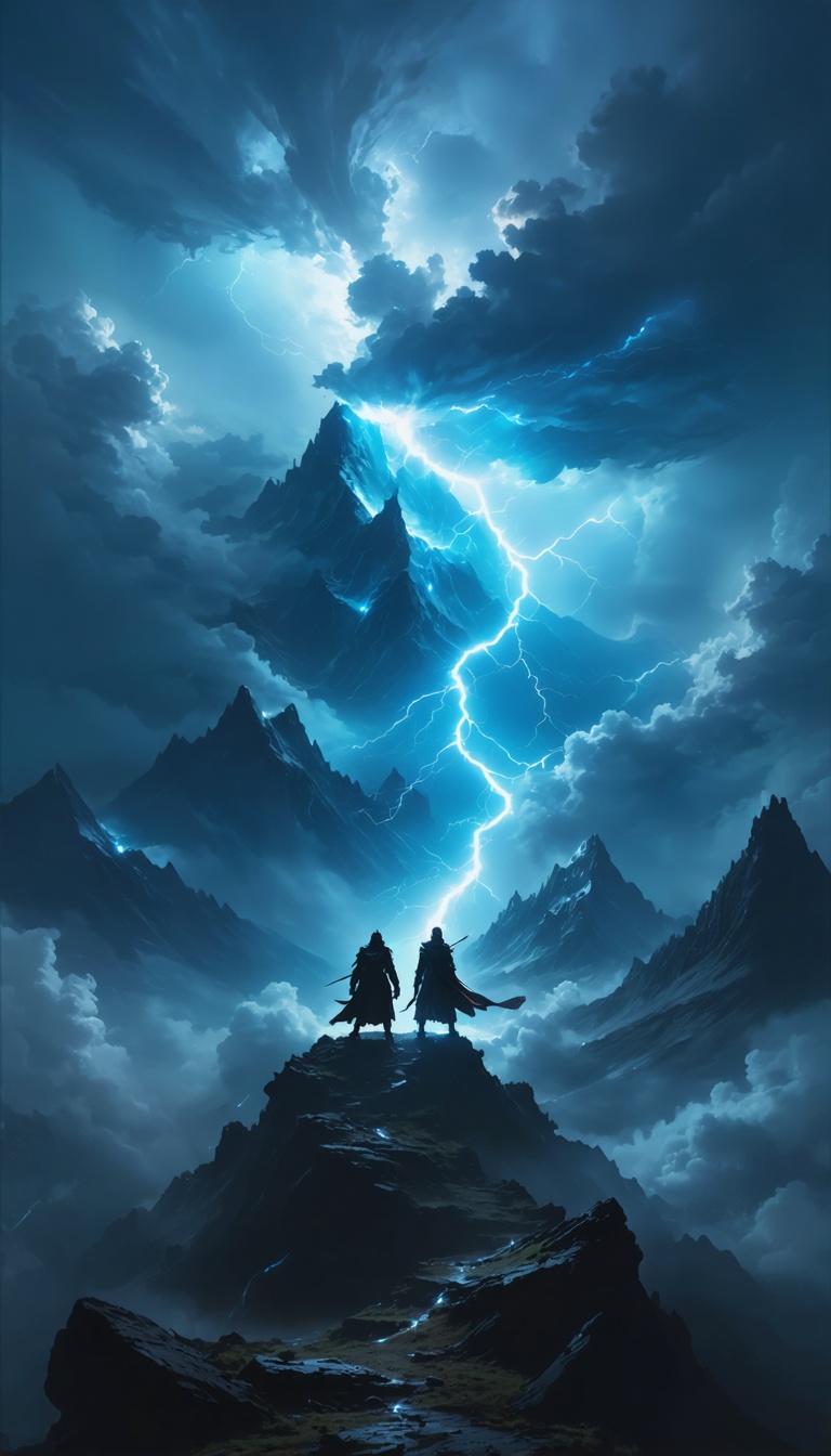 Two mythical figures standing on opposing mountain peaks, surrounded by swirling storm clouds and cosmic energy.