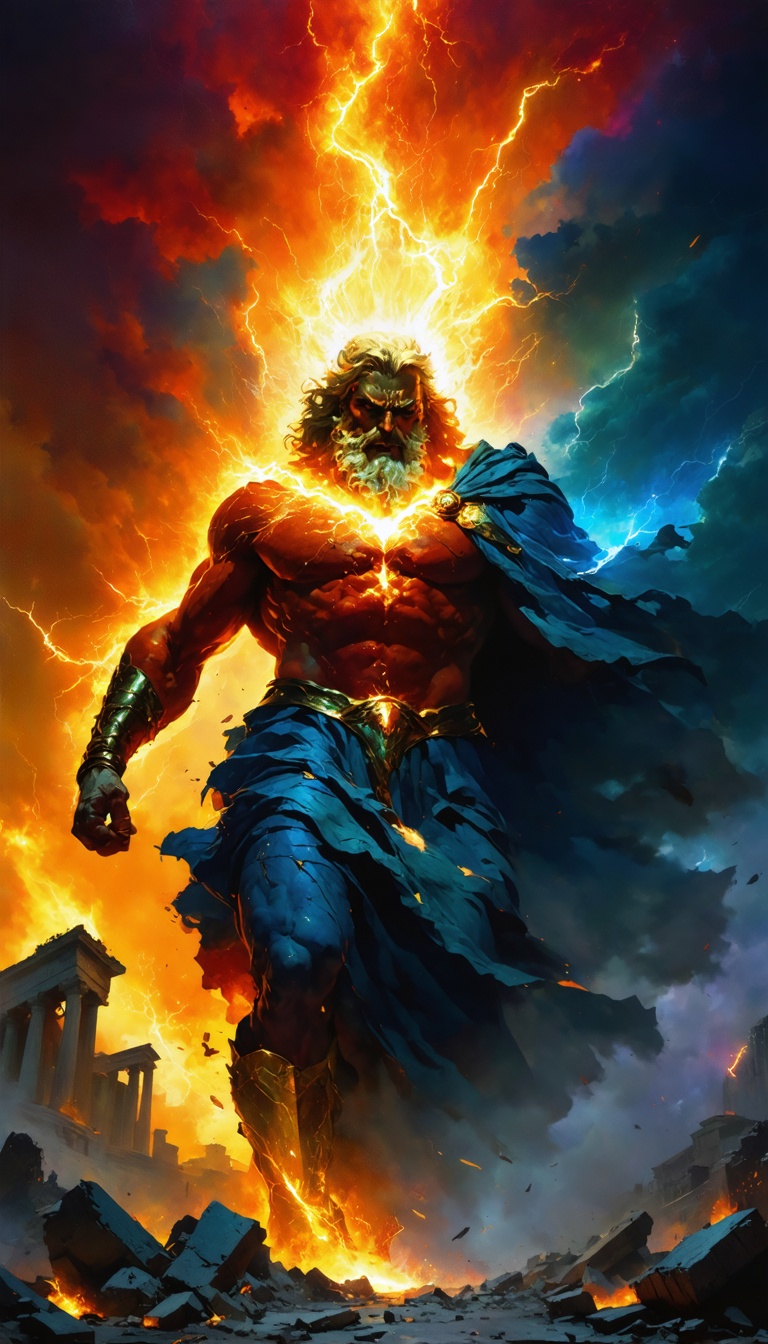 Zeus, enraged and shrouded in divine energy, towering over the shattered remains of the Pantheon.