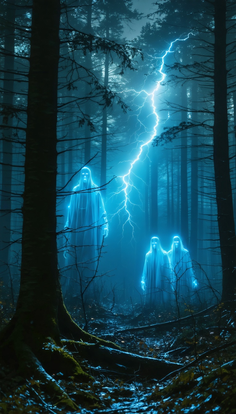 "A night scene of the Katyn forest with ghostly apparitions of the victims, their spirits lingering in the shadows of the trees."