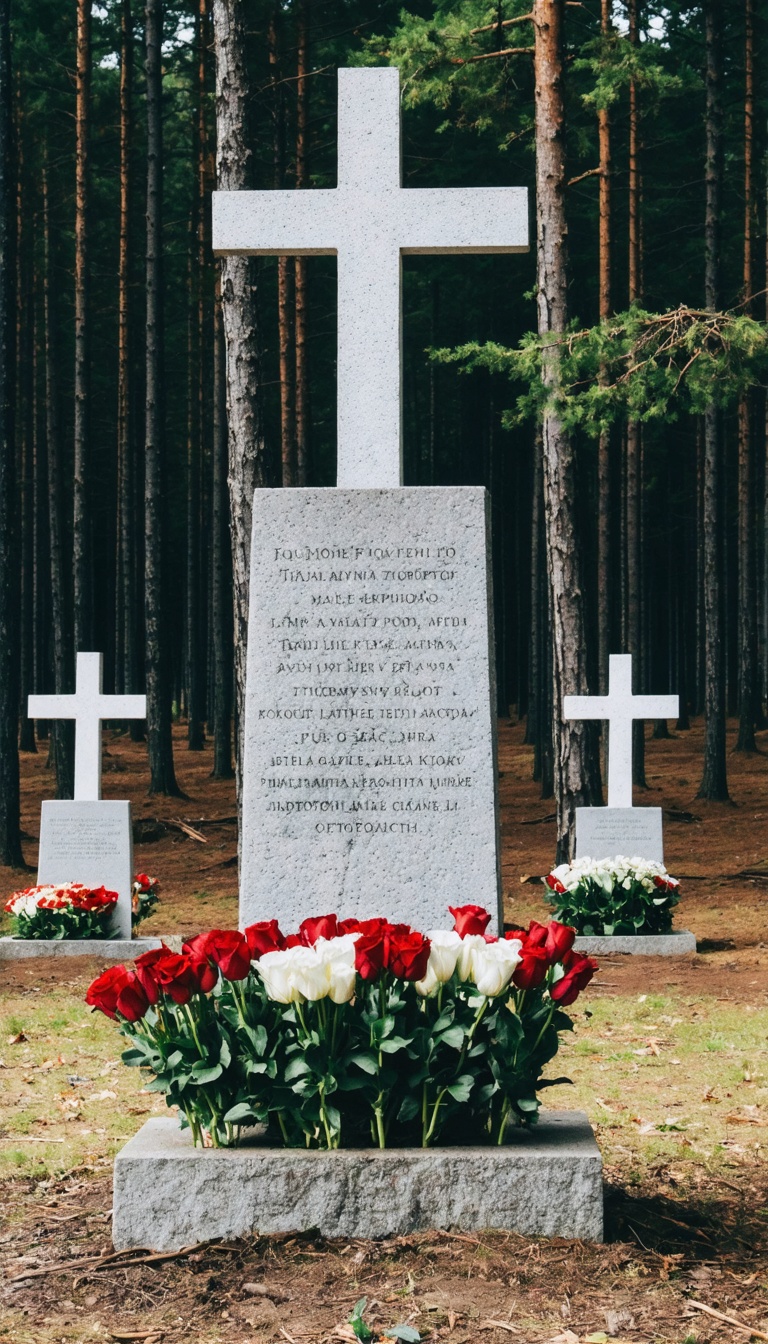 "A memorial in modern Poland: stone monuments and crosses in the Katyn forest, surrounded by grieving families laying flowers."