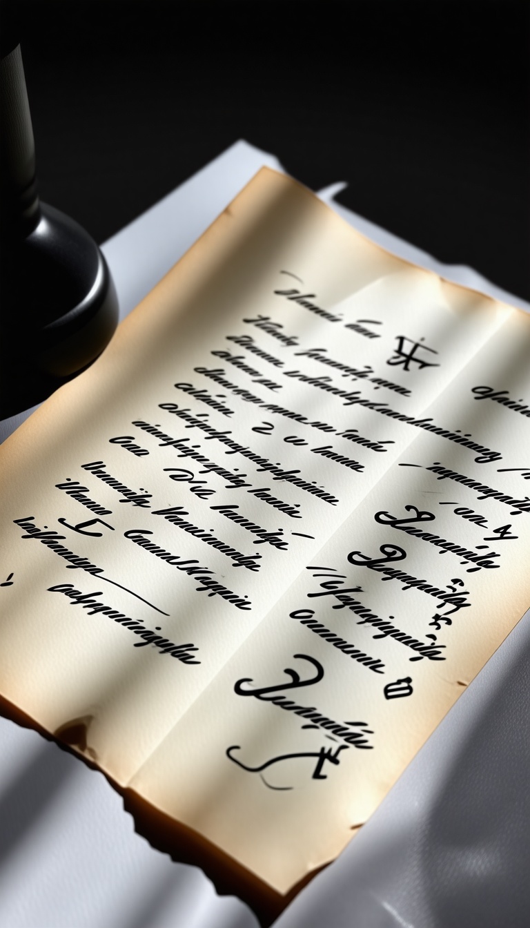 Close-up of Zodiac letter with shaky handwriting, cryptic symbols, dim desk lamp, dramatic shadows.