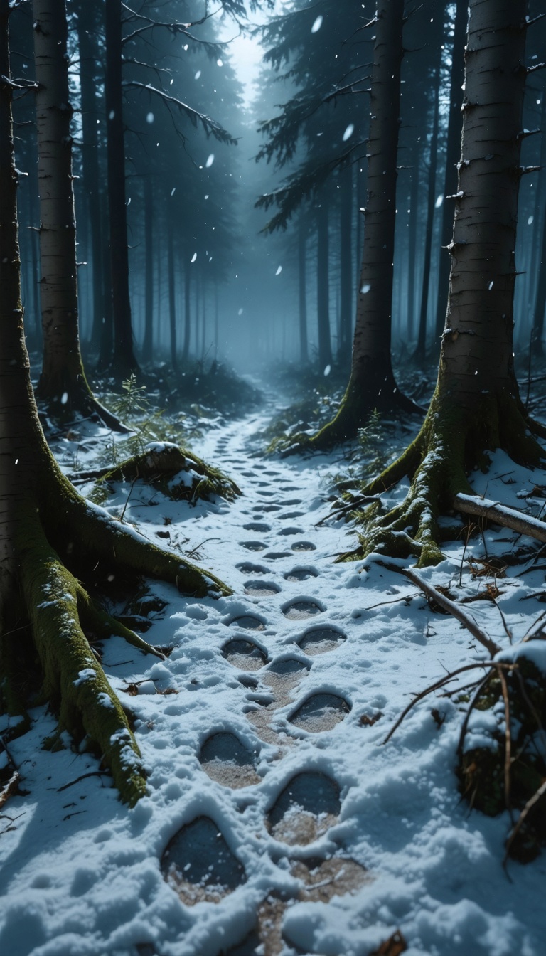 Trail of footprints fading into dark forest, snow falling, hyper-realistic, ominous.