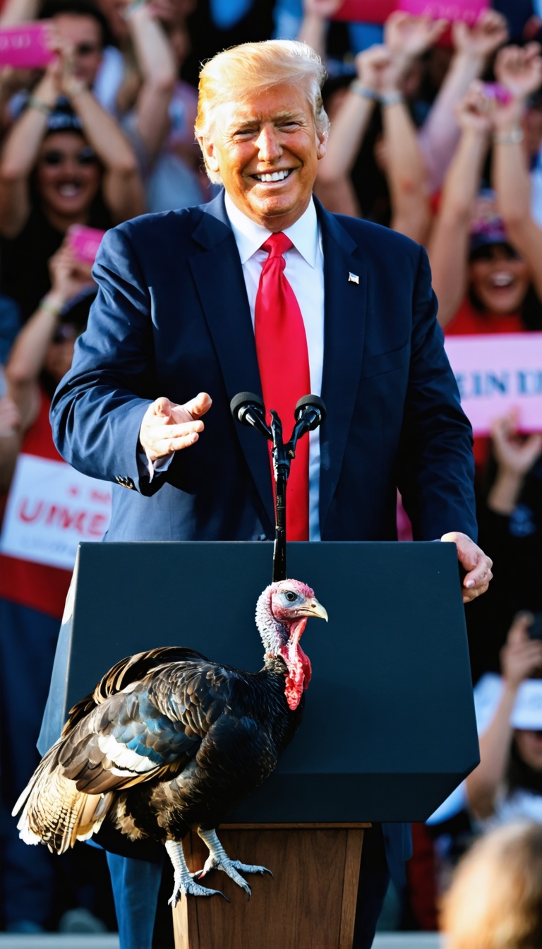 "A humorous depiction of the turkey pardon ceremony: the President of the United States smiling while gesturing toward a live turkey on a podium, surrounded by a cheering audience."