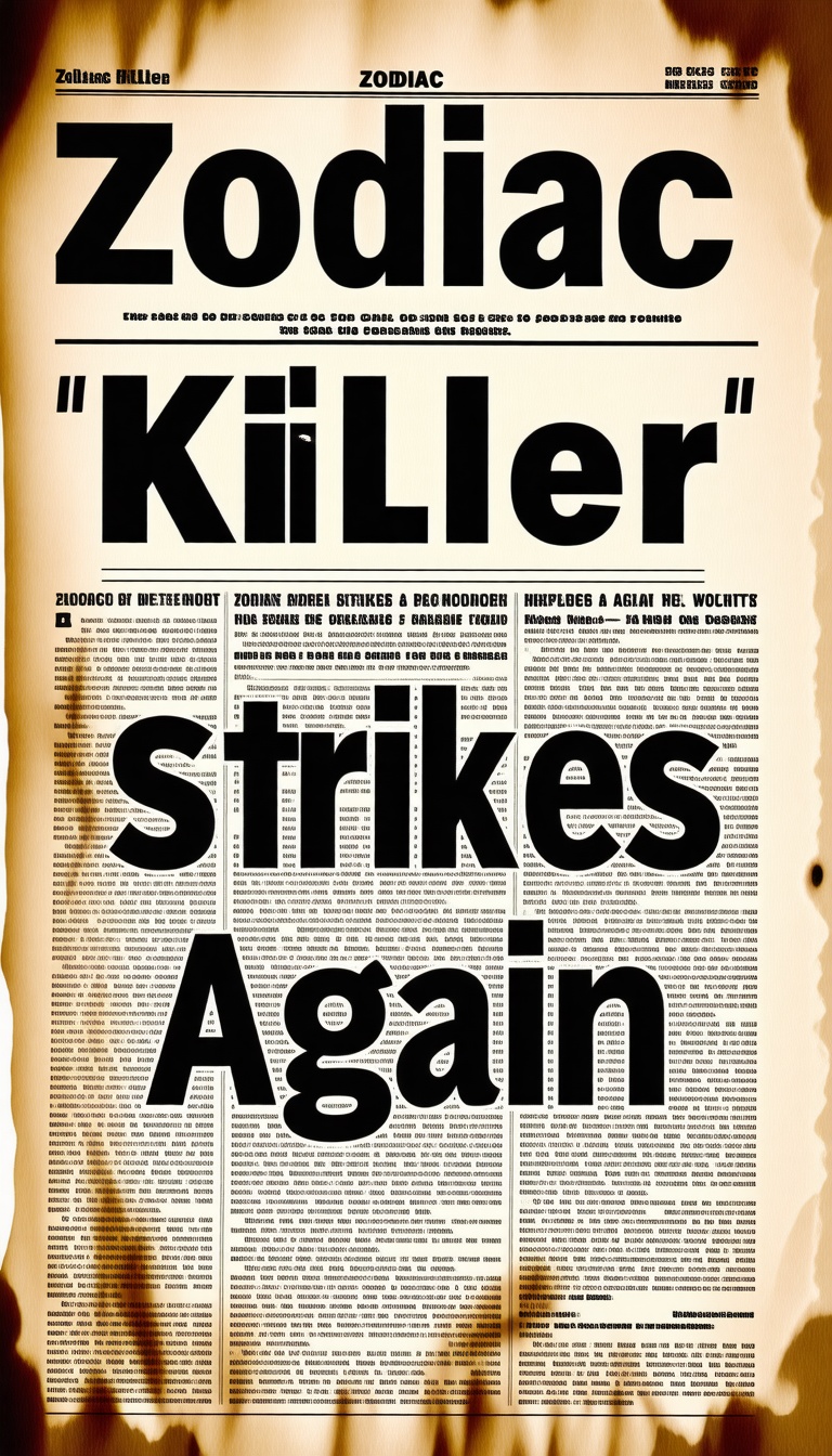 Newspaper headline ‘ZODIAC KILLER STRIKES AGAIN’, vintage print, noir tone.