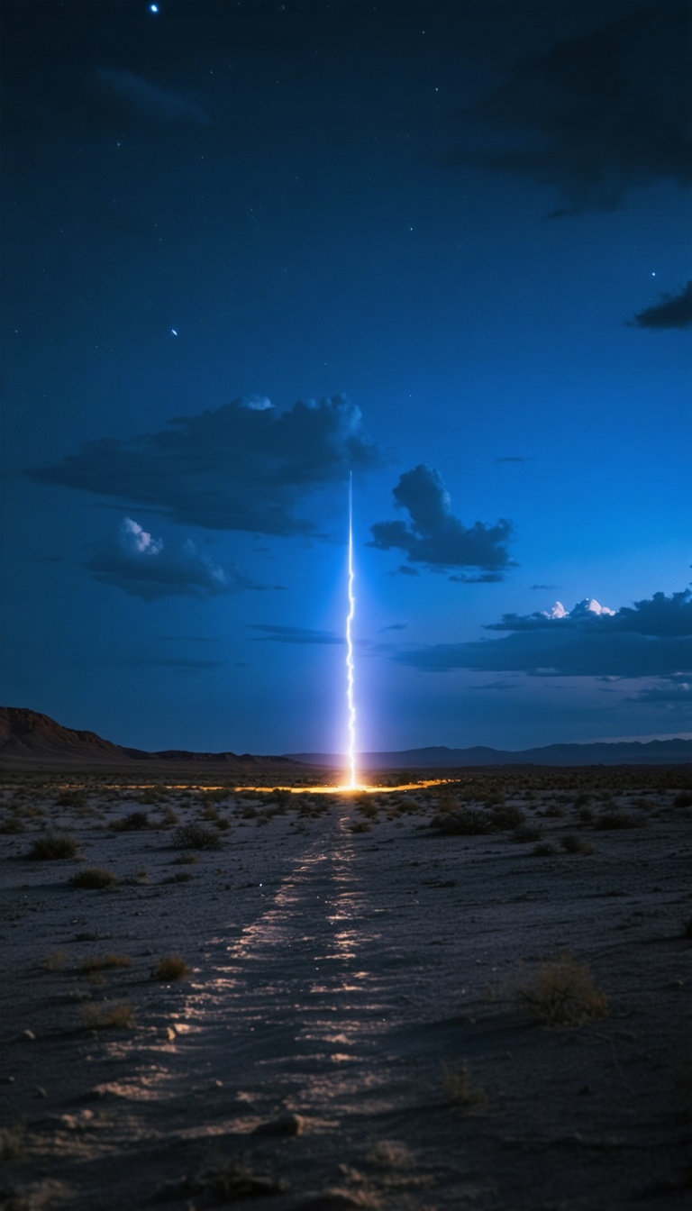 New Mexico desert at night with bright falling object, glowing trail, dramatic atmosphere, hyper-realistic 8k.