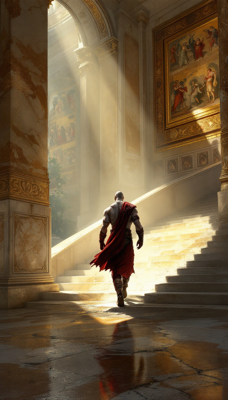 Kratos walking through the halls of Olympus, his shadow cast long and foreboding against the golden marble walls adorned with frescoes of past battles.