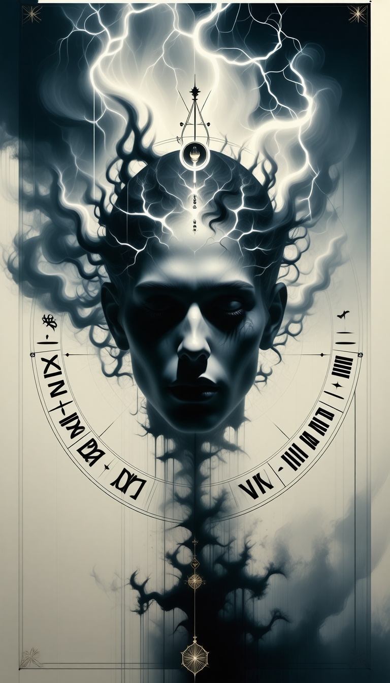 Eerie symbolic illustration of Zodiac’s cipher referencing afterlife, surreal ghostly style.