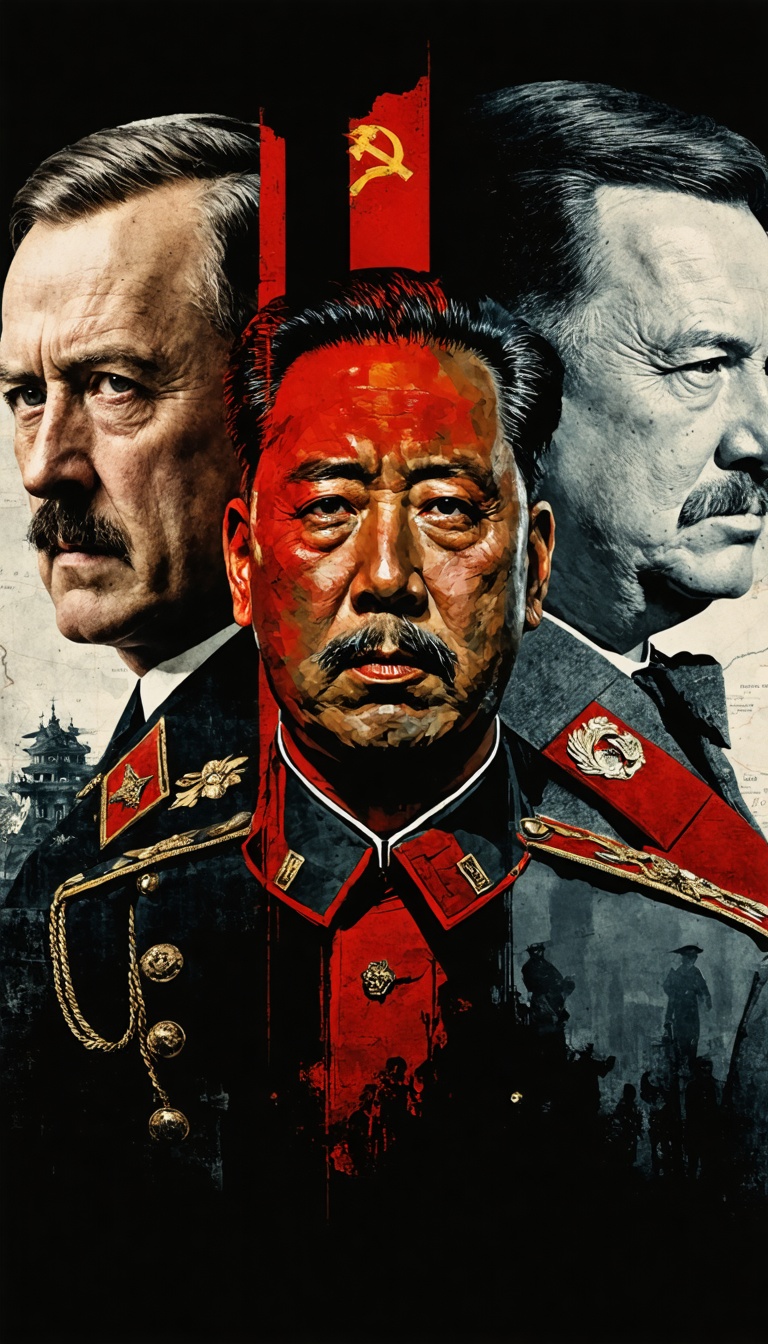 An ultra-realistic cover image combining the portraits of five historical figures, each representing a significant era of power and control. The figures are arranged in a balanced composition, with King Leopold II in regal attire, Adolf Hitler in formal military uniform, Genghis Khan in traditional Mongol armor, Joseph Stalin in a Soviet military tunic, and Mao Zedong in revolutionary attire. The background features a muted, darkened world map, with shadows of their actions subtly reflected in the environment. The lighting is dramatic, casting a somber tone over the portraits, emphasizing the weight of their legacies in history.