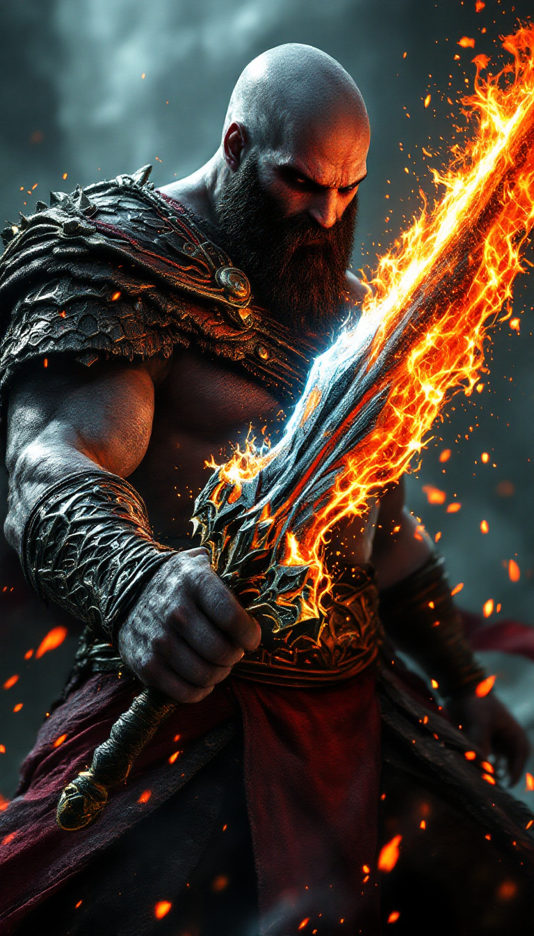 Kratos wielding an enchanted weapon forged by Hephaestus, the blade emanating fiery energy and surrounded by sparks of divine power.